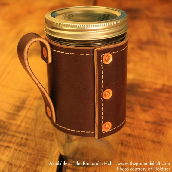 Holdster with rivets and handle on 24-ounce jar
